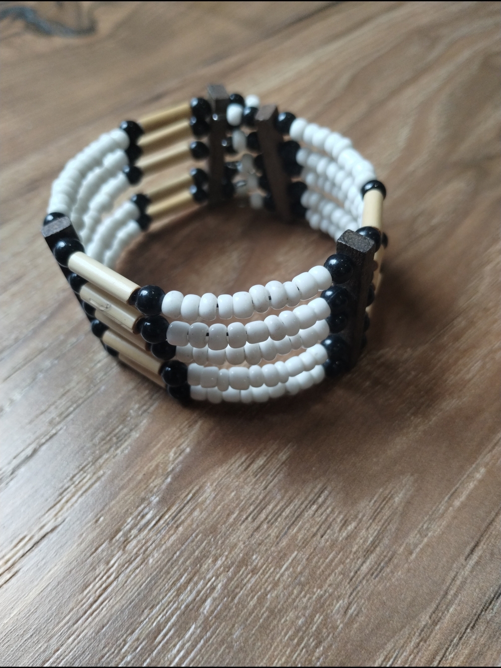 Handmade Beaded Stretch Bracelet - White & Black